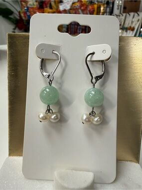 Green Chalcedony stone and Fresh Water Pearl Dangle Earrings - Women Jewelry